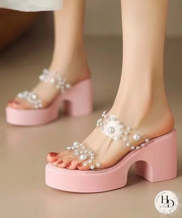 Stylish Splicing Platform Pink Slide Sandals Nail Bead