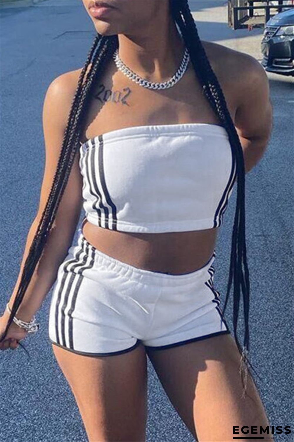 White Sexy Casual Striped Patchwork Backless Strapless Sleeveless Two Pieces | EGEMISS