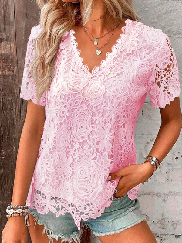 Embroidered Hollow Solid Color Split-Joint Loose Plus Size V-Neck T-Shirts Tops