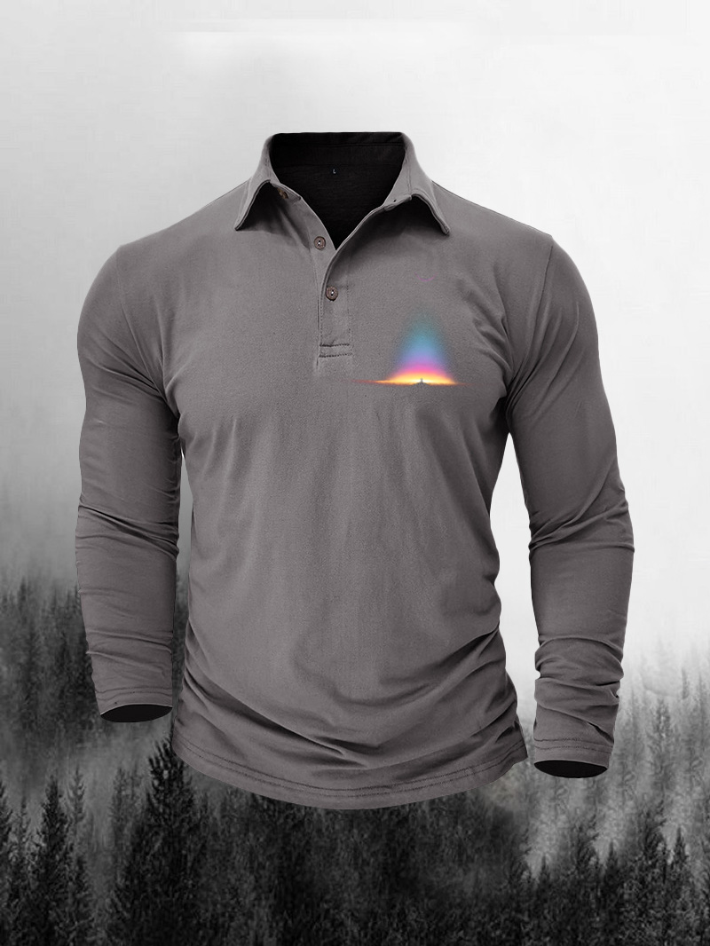 Men's Polo Collar Starry Sky Aurora Cotton Long-Sleeve Polo Shirt