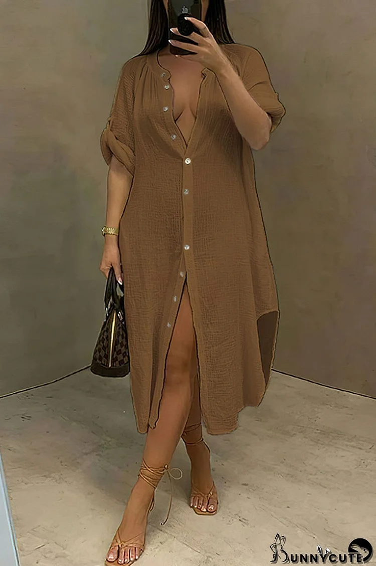 Coffee Casual Solid Split Joint Buckle Asymmetrical Shirt Dress Dresses