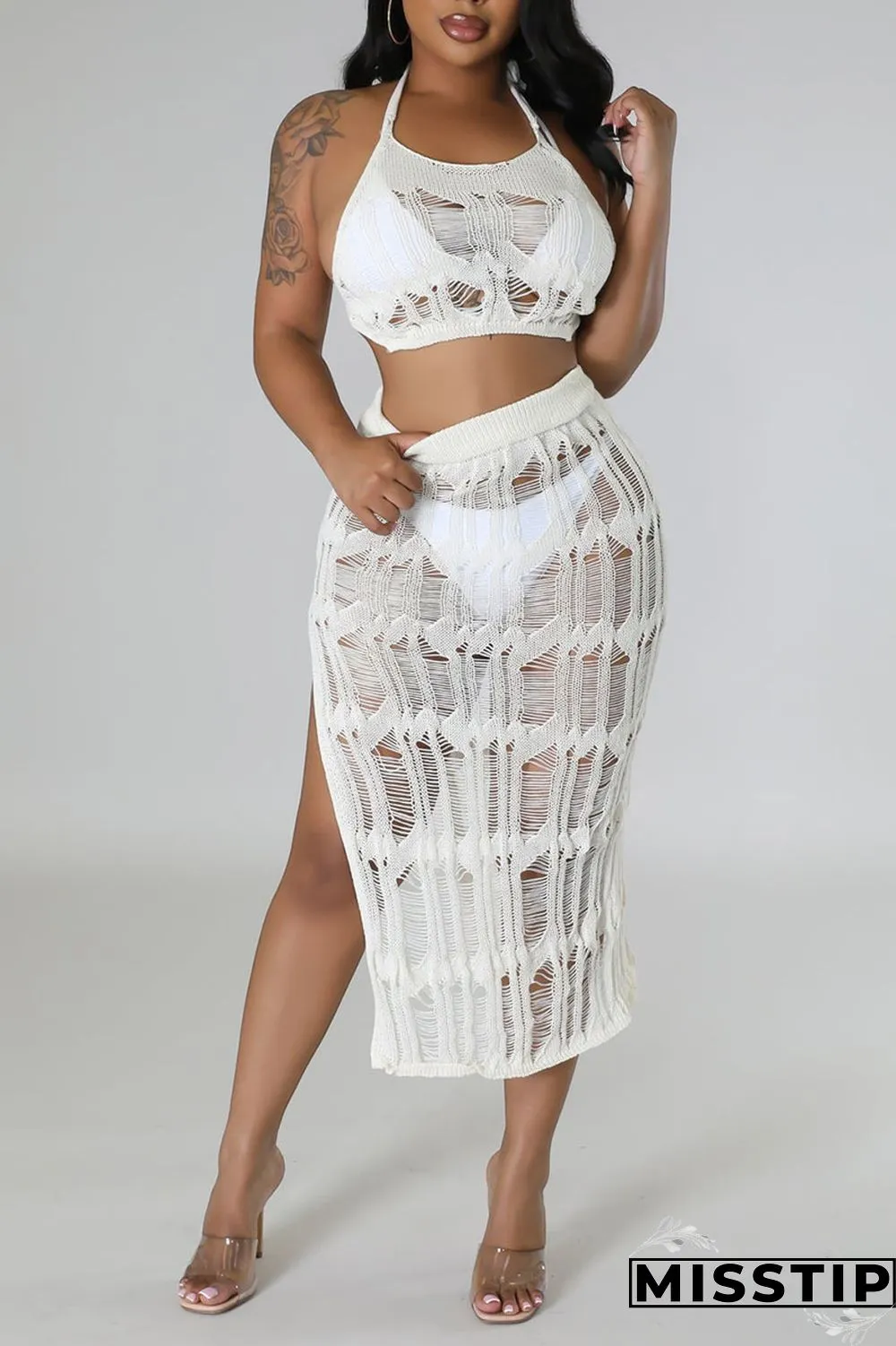 Khaki Sexy Solid Hollowed Out Patchwork Backless Slit Halter Sleeveless Two Pieces
