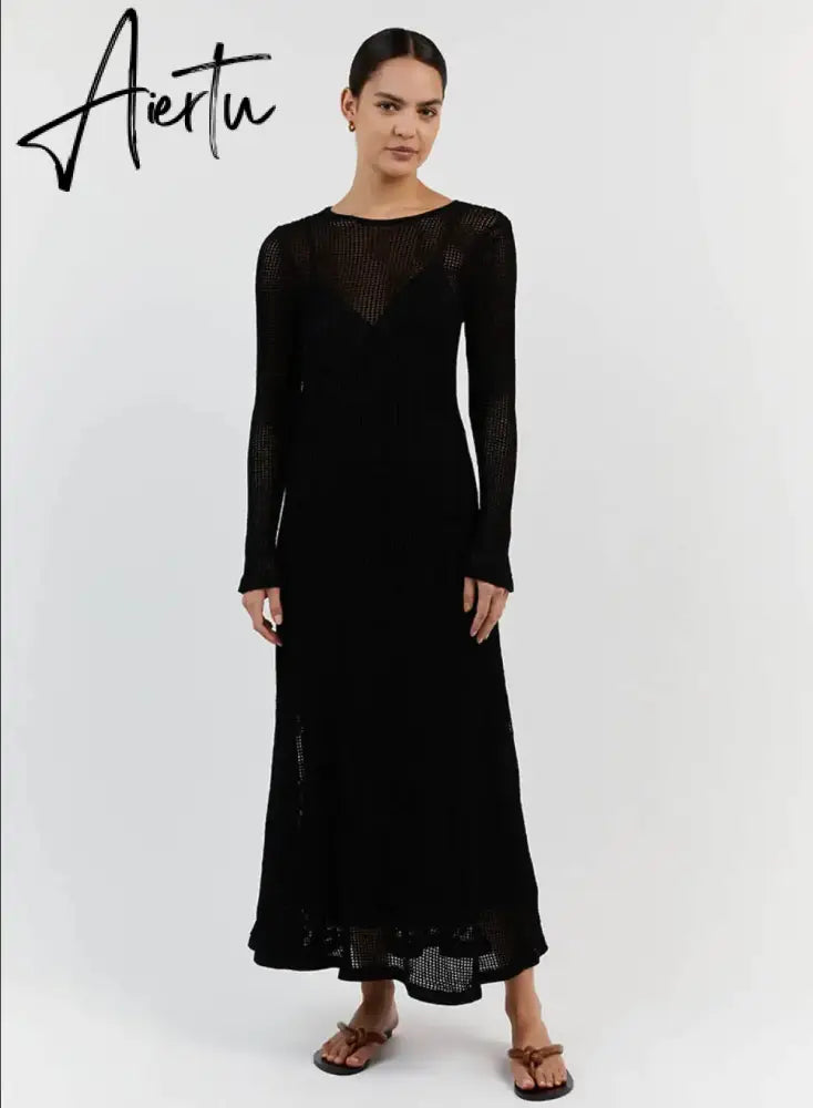 Elegant Hollow Out Knit Maxi Dress for Women Summer Beachwear Holiday Long Sleeve Cover-Ups Long Dresses Aiertu