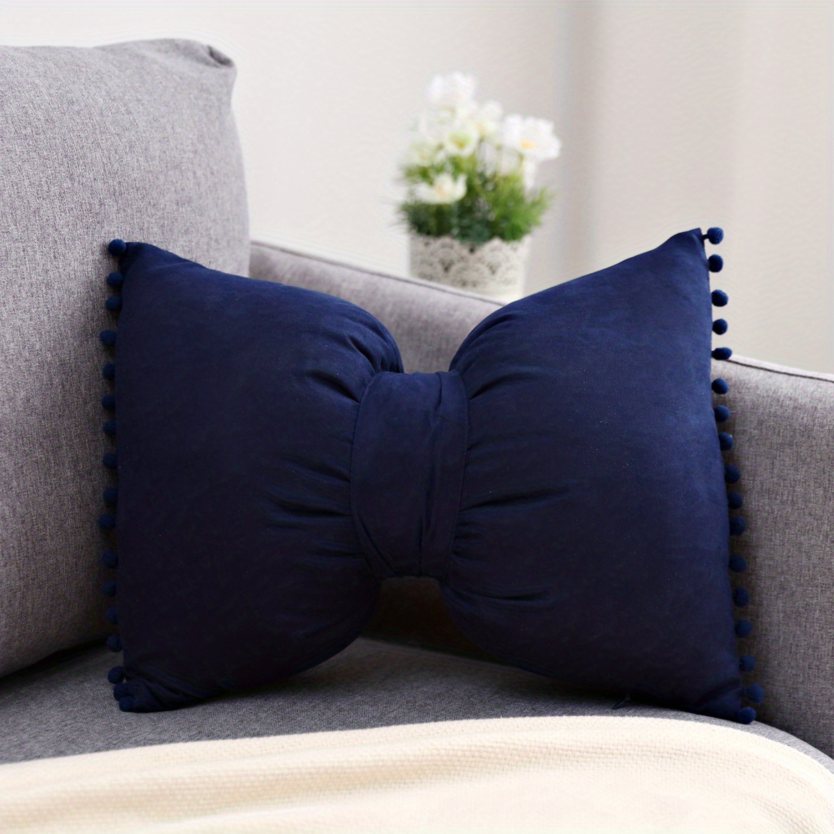 1pc Luxurious Faux Suede Fuzzy Pom Pom Bow Throw Pillow Cover - Soft, Removable, and Machine Washable Design - Perfect for Elevating Bedroom, Sofa, and Living Room Decor with Vibrant Colors and Textures - 12x20 Inches
