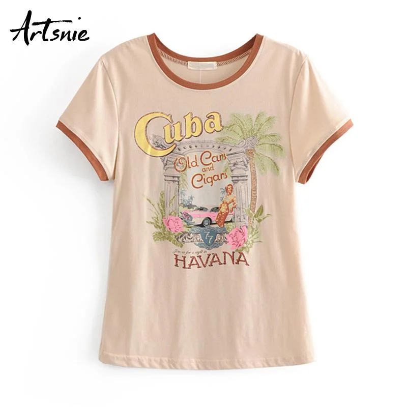 Artsnie summer 2019 letter print vintage women t shirt  o neck short sleeve casual tops tee knitted girls streetwear t-shirts