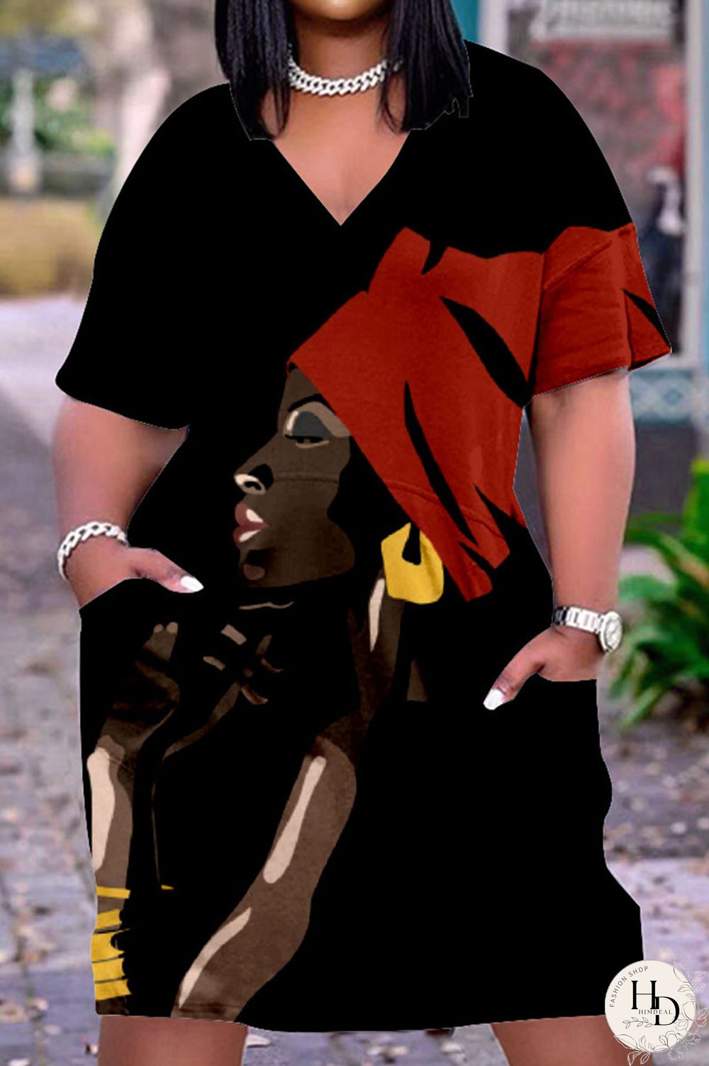 Multicolor Casual Street Print Patchwork V Neck Straight Dresses