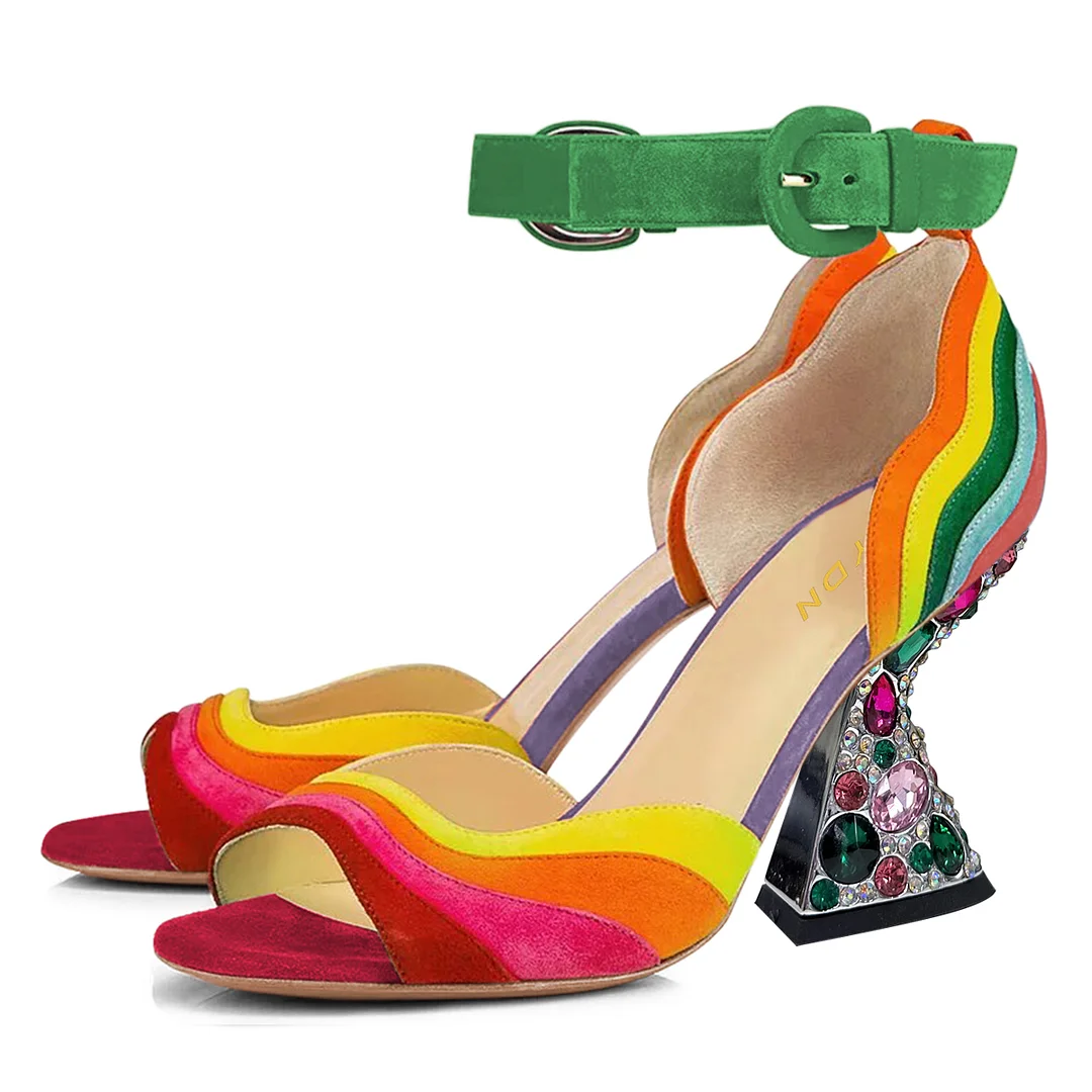 Colorful Buckle Fastening Ankle Strap Rhinestone Heel Sandals