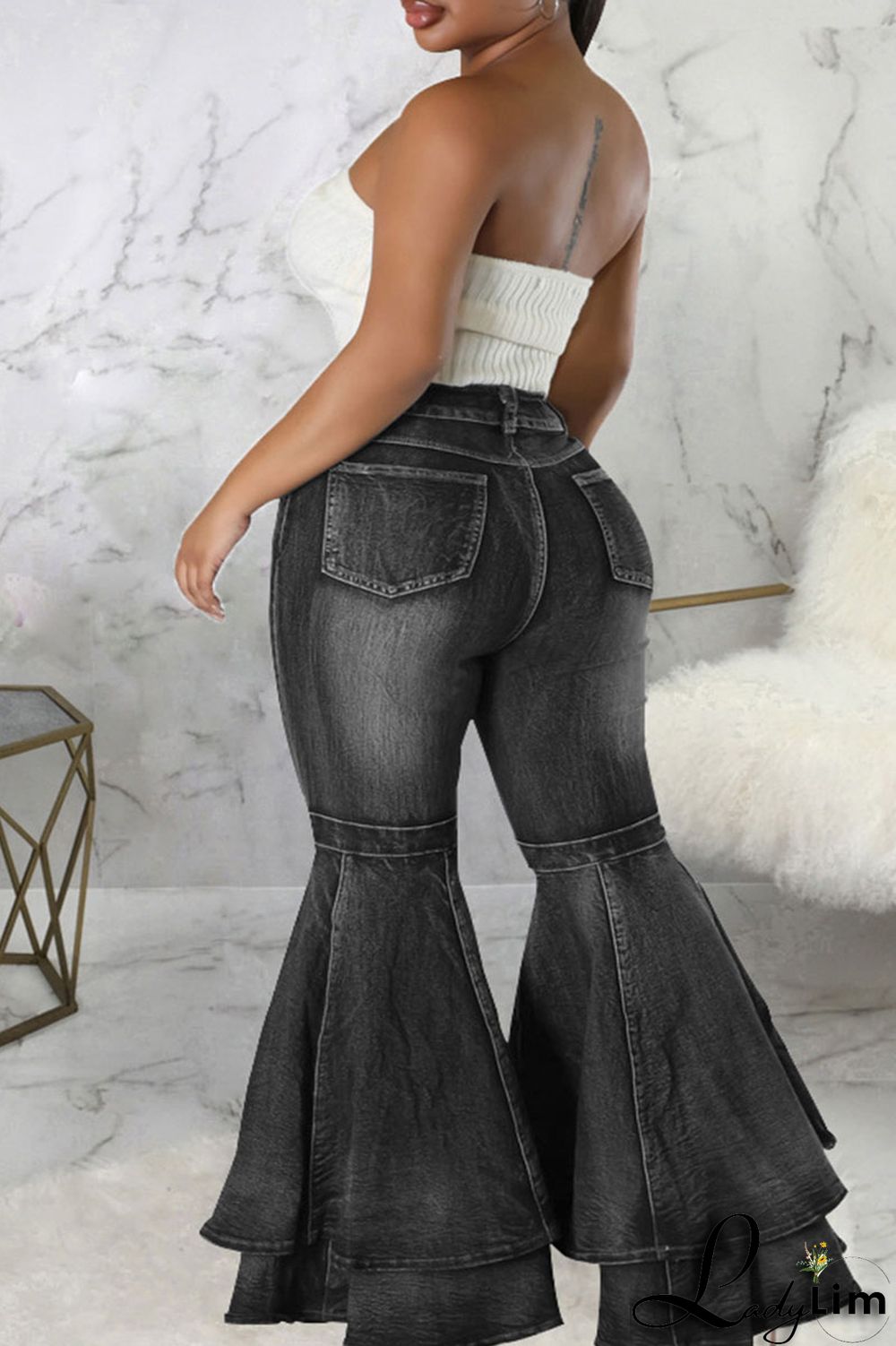 Black Street Solid Patchwork Plus Size Jeans