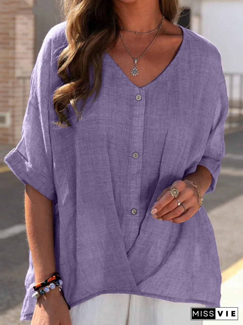 Retro Cotton Linen Simple Shirts Female Summer Fashion Solid V-Neck Short Sleeve Blouse Women Casual Commute Loose Blouses