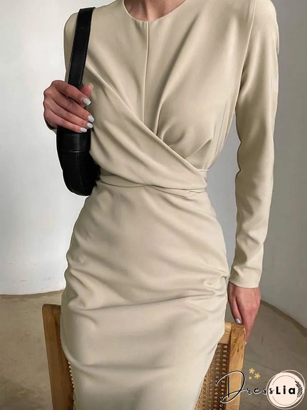 Women'S Dresses Round Neck Long Sleeve Slim Slit Midi Dress