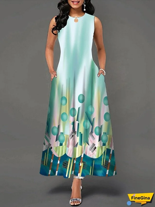 Work Dress Semi Formal Dress Elegant Maxi Dress Pocket Print Crew Neck Sleeveless Floral Regular Fit Black White Orange Summer Spring S M L XL XXL for Women