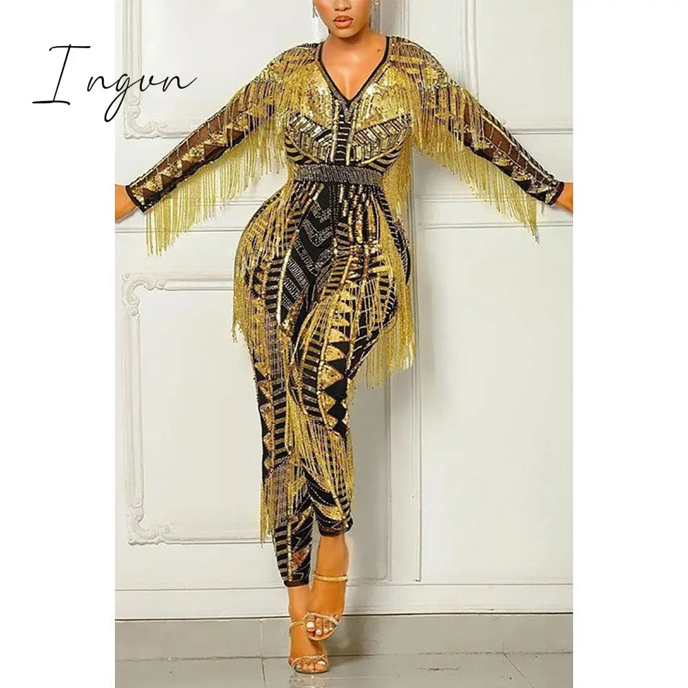 Ingvn - Womens Sexy Bodycon Jumpsuit Vintage Printed Long Sleeve One Piece Outfits With Tassels