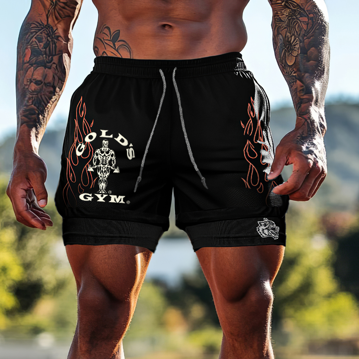 Vintage Gym Flame Graphics Double Layer Drawstring Gym Shorts / Rvogue / Rvogue