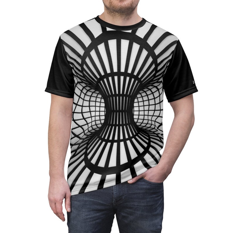Op Art Optical Illusion Black and White Wireframe Wormhole Abstract Light Tunnel Cyberpunk Cybergoth Unisex Unisex T-Shirt Tee