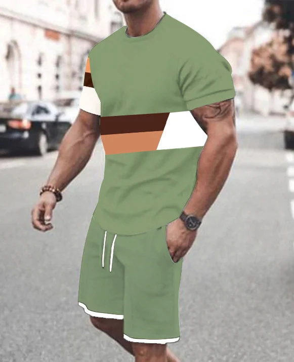 OK Sporty Contrast Round Neck Short Sleeve Shirt & Drawstring Shorts 2Pcs Set
