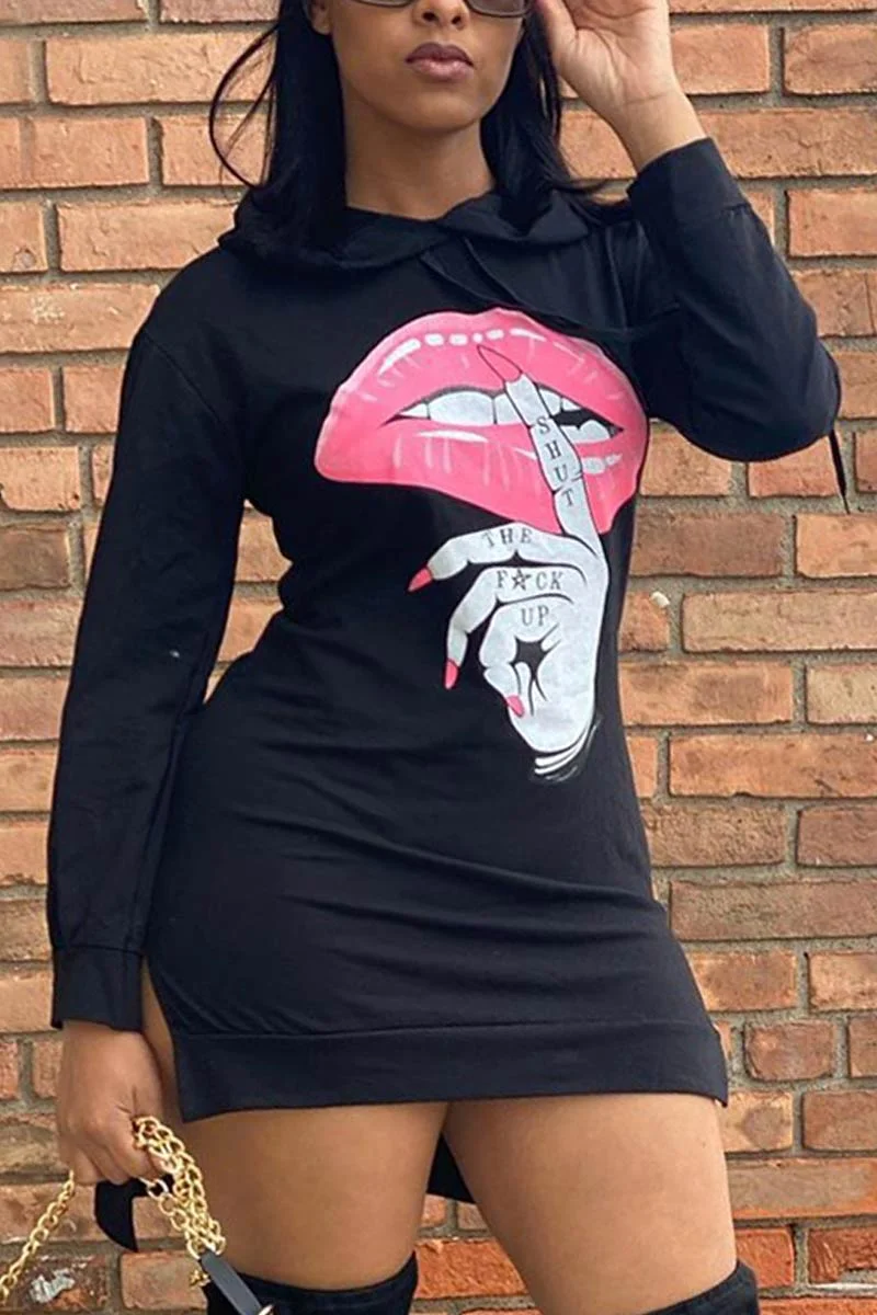 Casual Hooded Collar Lips Printed Dress