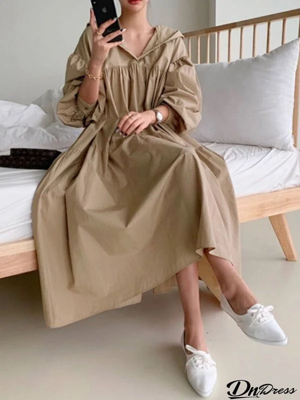 Urban Solid Color Pleated Long Sleeves Hooded Midi Dress