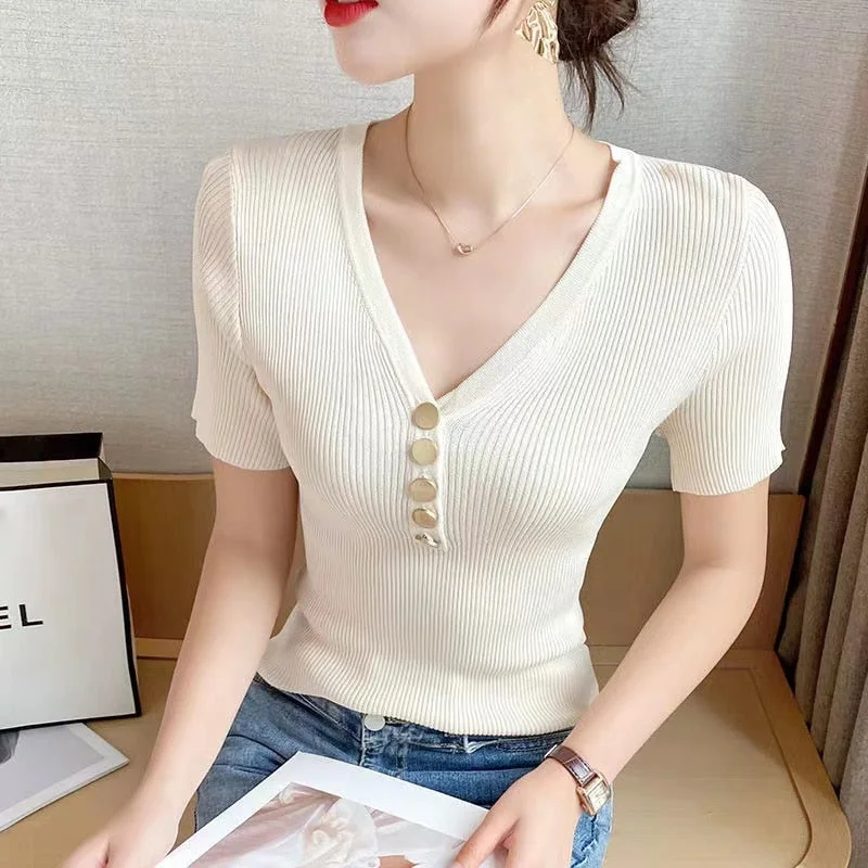 Korean Version Summer New V-neck Ice Silk Short-sleeved T-shirt High Waist Slim Short All-match Top Thin Women&#39;s Knitted Sweater