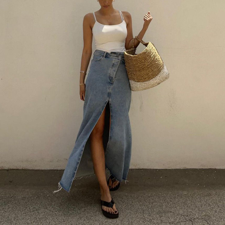 Ootddress 2025 New Casual High Waist Denim Skirts Women Spilt Out Maxi Jean Skirt Summer Holiday Long Skirts