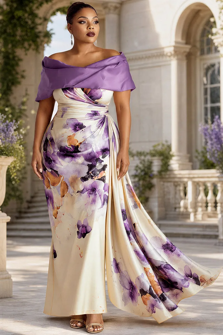 Xpluswear Design Plus Size Formal Purple Floral Off The Shoulder Draped Fold Satin Maxi Dresses [Pre-Order] 2024 - Xpluswear