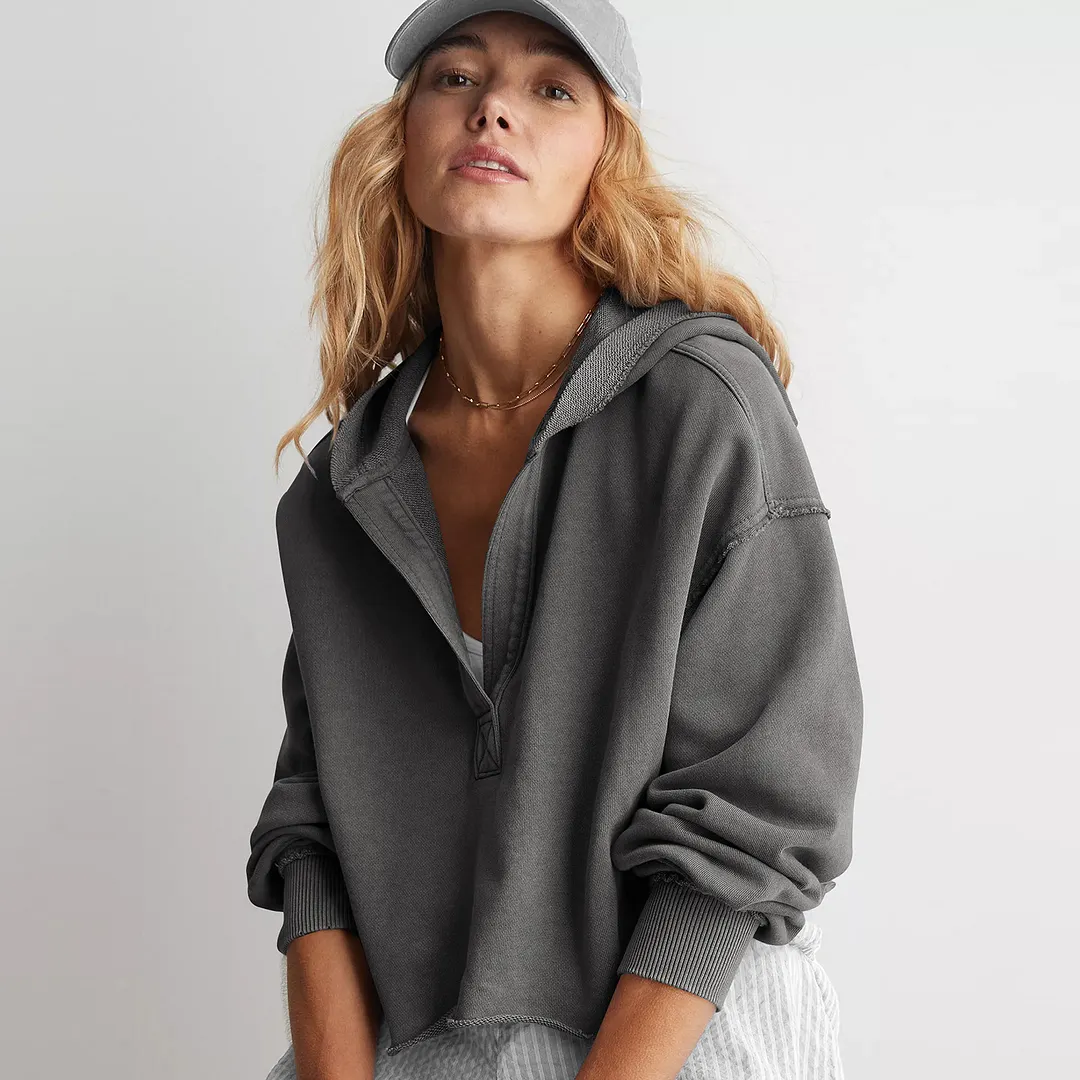 Women's Vintage Washed Hoodie Half Zip Cropped Oversized Hoodie Casual Women Sweatshirt