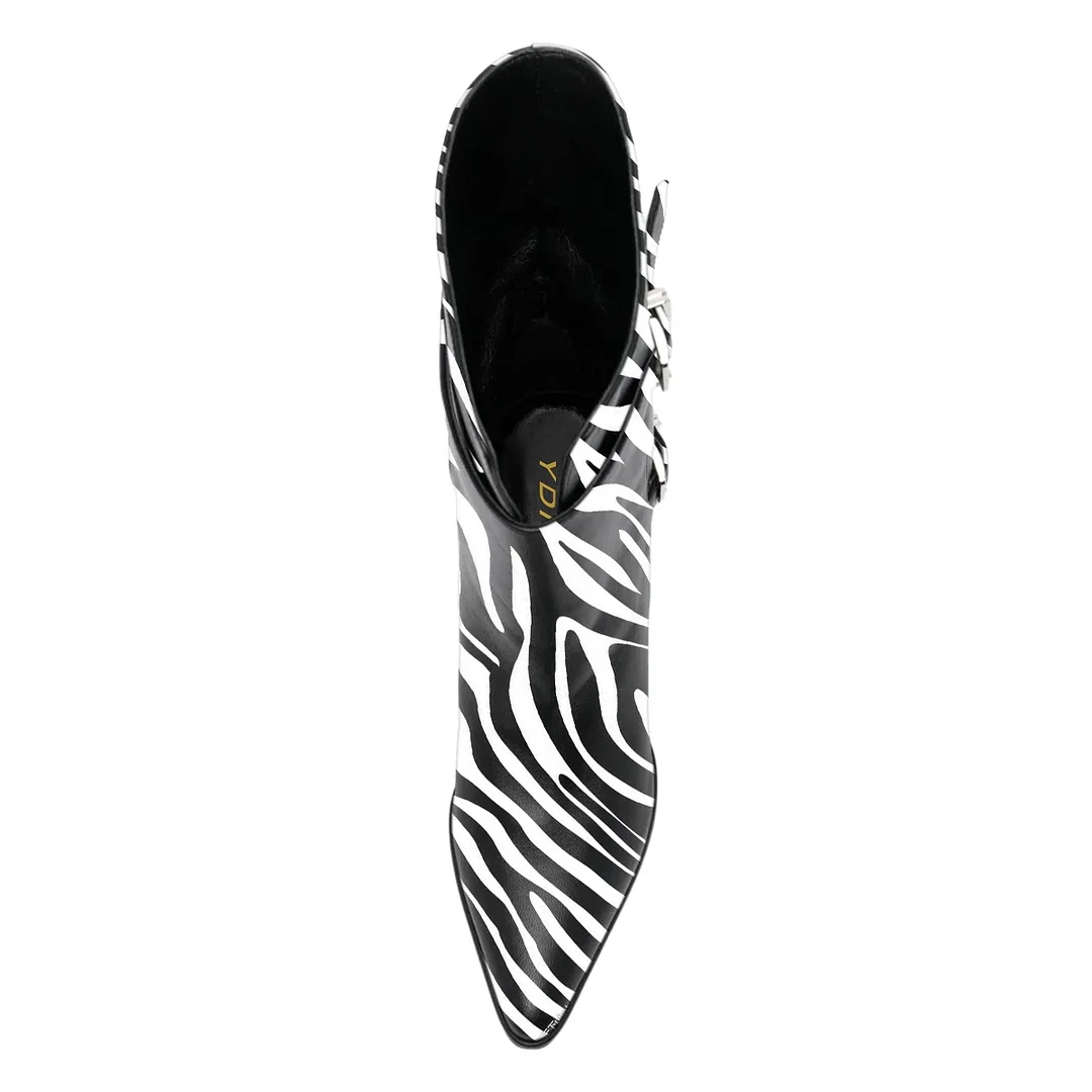 Black & White Pointed Toe Double Buckle Zebra Print Short Booties