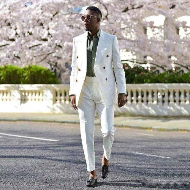 Inongge High Quality White Double Breasted Mens Tuxedos Peaked Lapel Slim Fit Wedding Jacket and Pants Tailor Blazer
