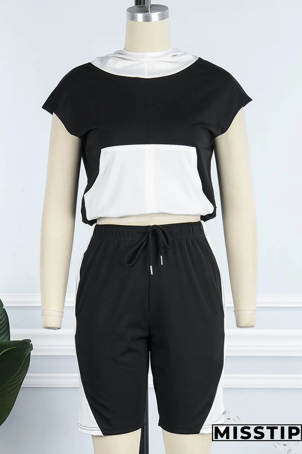 Green Casual Solid Patchwork Contrast Hooded Collar Short Sleeve Two Pieces