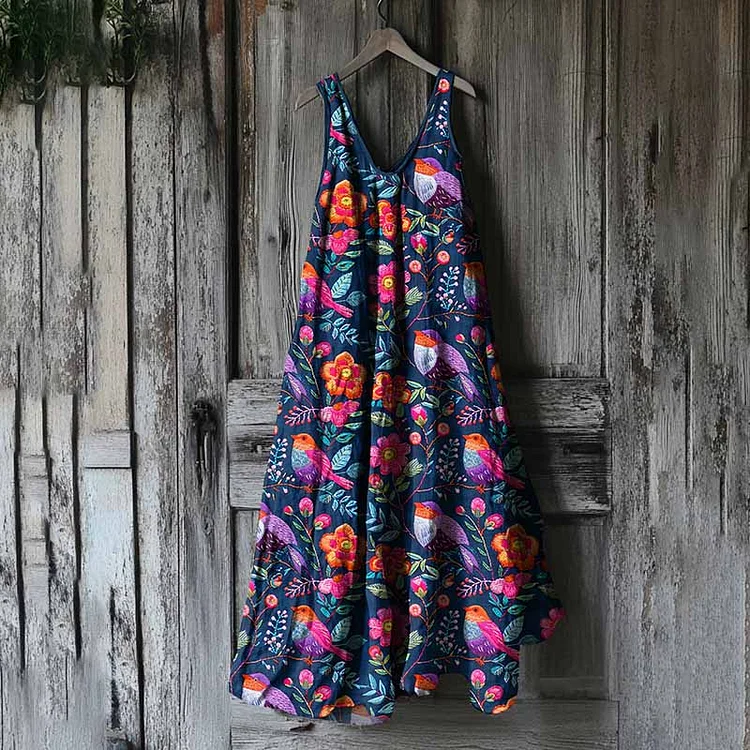 VChics Women's Vintage Bright Bird & Floral Embroidery Linen Maxi Dress
