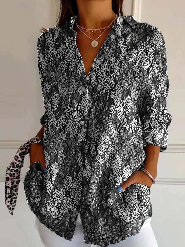 WomenArt Lace Flowers Cotton And Linen Shirt