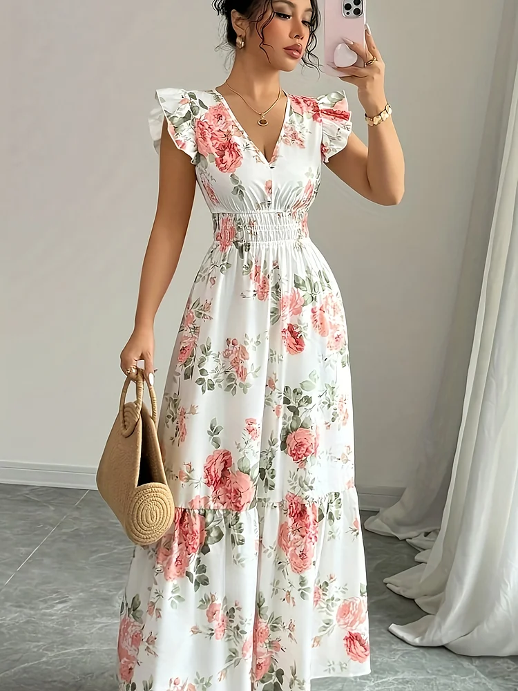 Lightweight Summer Women's Elegant Floral Print V-Neck Dress | A-Line Dress With Ruffled Hem, Short Sleeves & Hand Washable Fabric For Casual Outings, Parties, Vacation