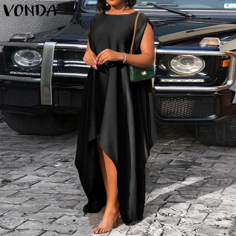 VONDA Bohemian Summer Maxi Dress 2022 Women Vintage Floral Print Satin Dresses Sexy Sleeveless Irregular Hem Vestidos Oversized