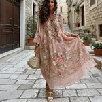 Women's Pink Floral Embroidered Art V-neck Long Sleeve Midi Dress - Image 2