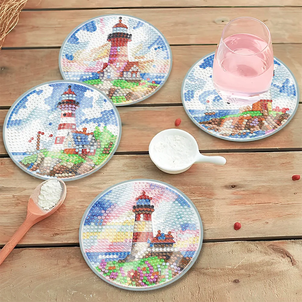 [Upgrade - Waterproof Coaster]6pcs DIY Lighthouse Acrylic Special Shape Diamond Painting Art Coaster Kit with Holder(With Covers)