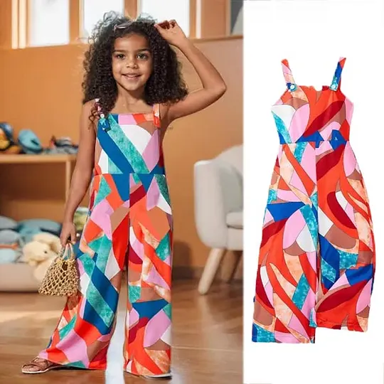 【3Y-10Y】Girls Casual Vintage Pattern Print Boho Sling Jumpsuit