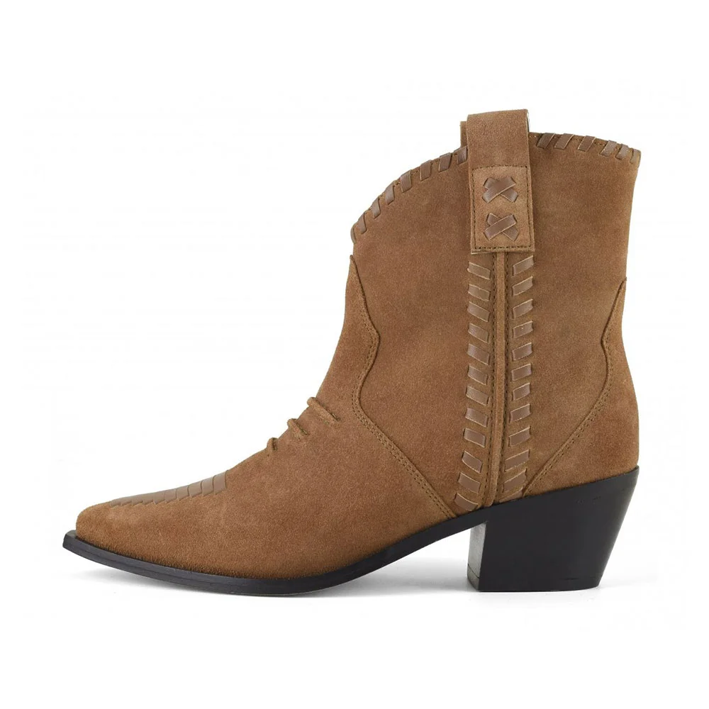 Women's Tan Pointed Toe Mid Block Heel Short Cowgirl Booties