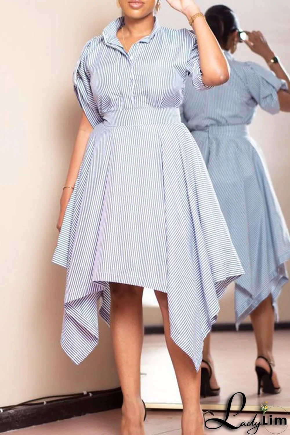 Light Blue Casual Striped Print Split Joint Asymmetrical Turndown Collar Irregular Dress Dresses