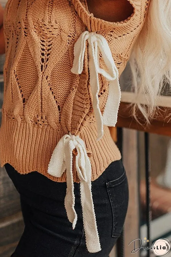 Light French Beige Hollowed Knit Scalloped Trim High Neck Sweater