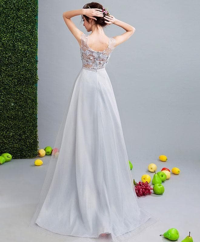 Gray Tulle Lace Long Prom Dress, Gray Evenin Gdress
