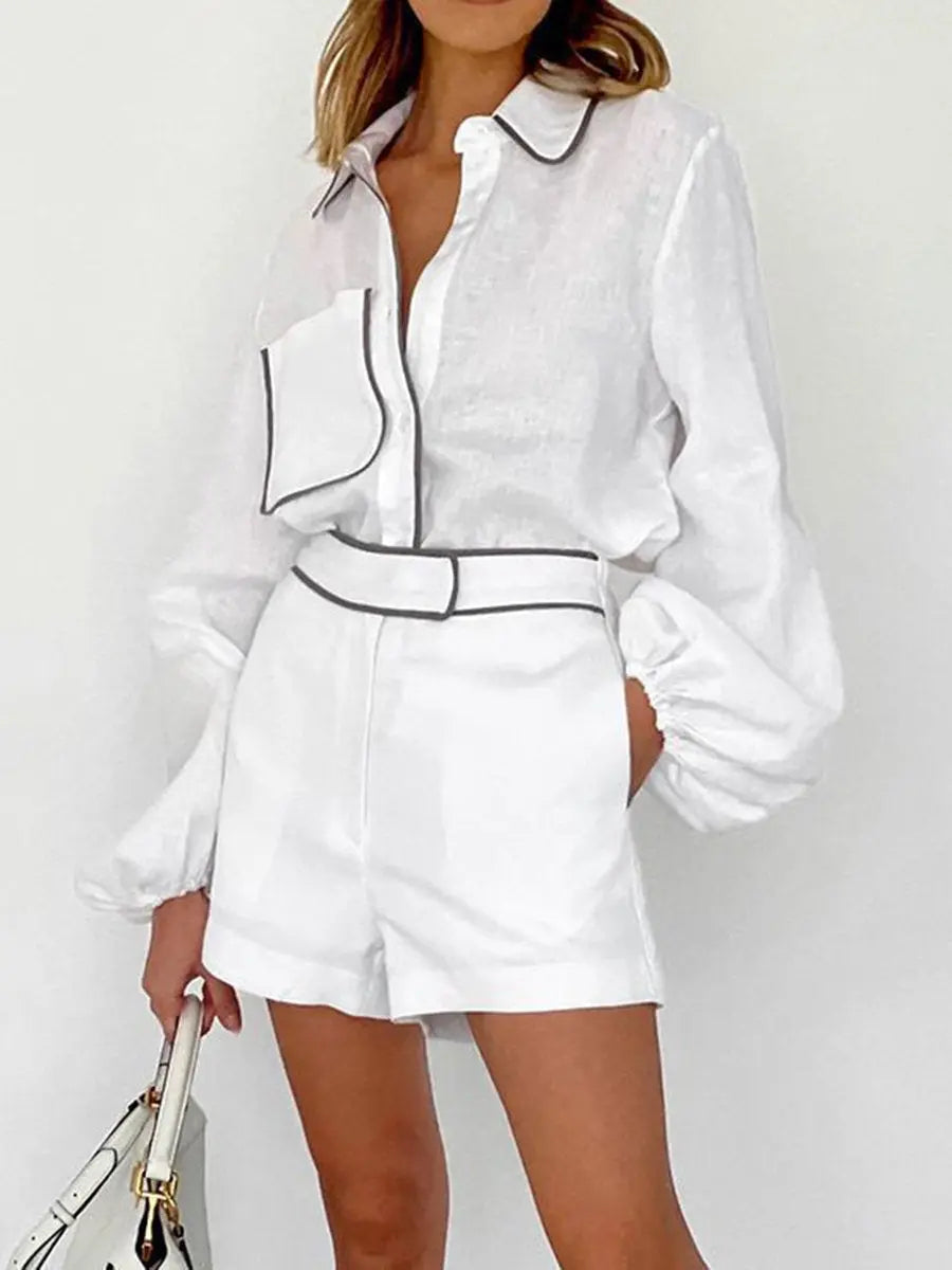 Turndown Collar Black And White Contrast Shorts Set