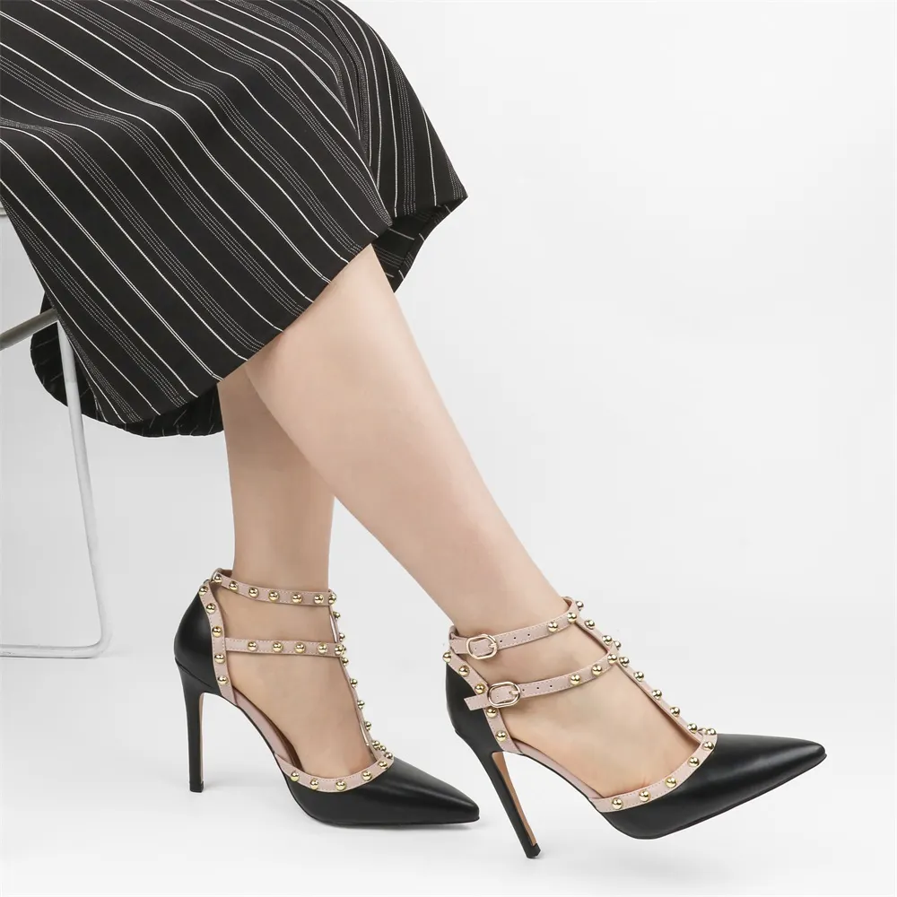 100mm Womens Pointed Toe Pumps Round Rivets Ankle Strap Sandals-vocosishoes