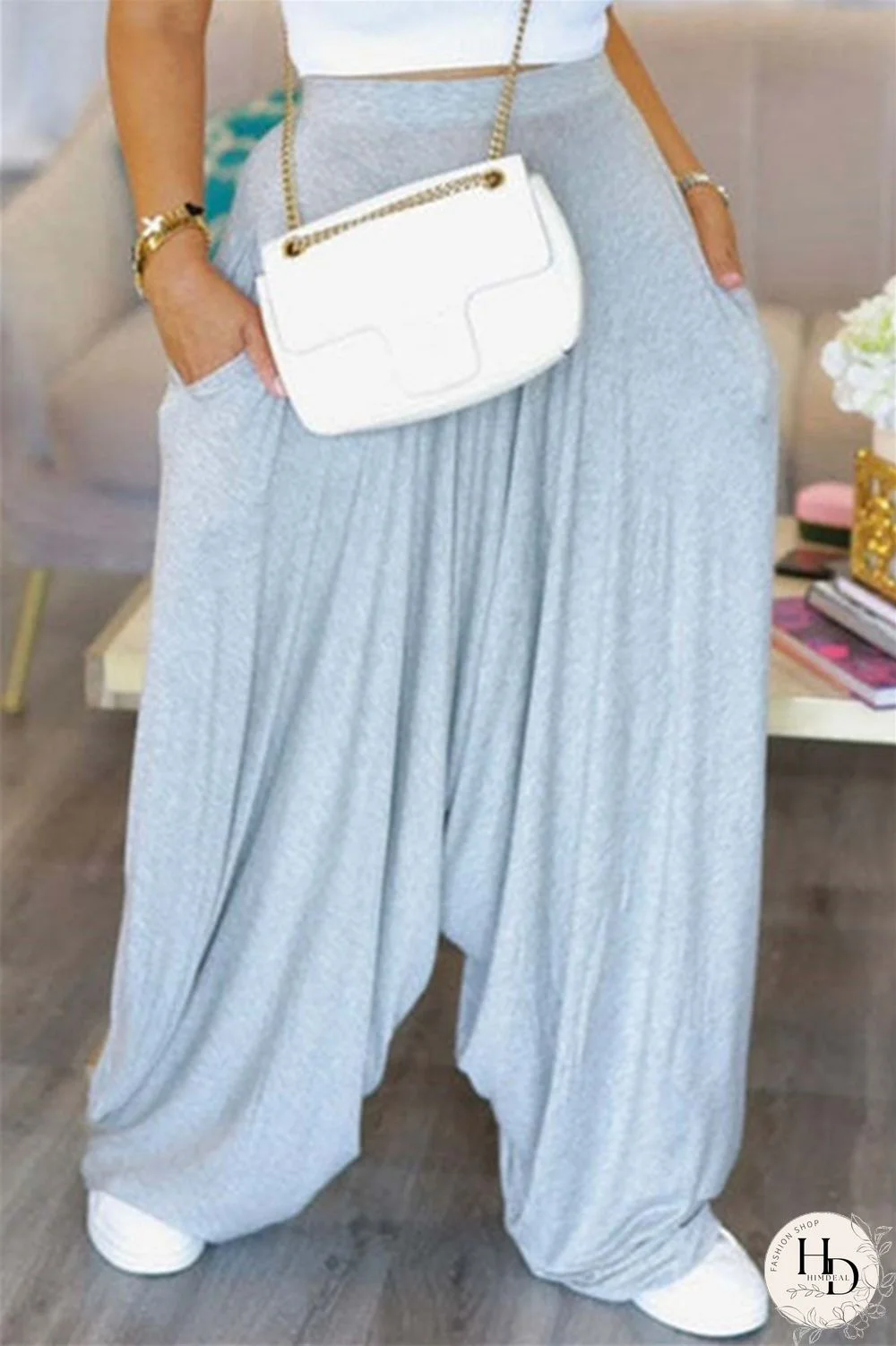 Grey Fashion Casual Solid Patchwork Harlan High Waist Trousers