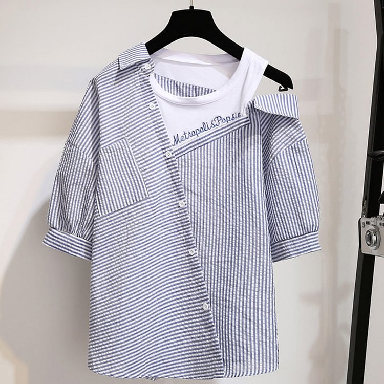 Stripe Letter Embroidery T-Shirt Pearl Decor Denim Shorts Set - Modakawa Modakawa