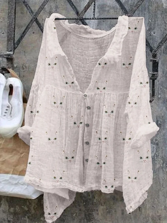Women's Cute Cat Face Print Cotton And Linen Shirt