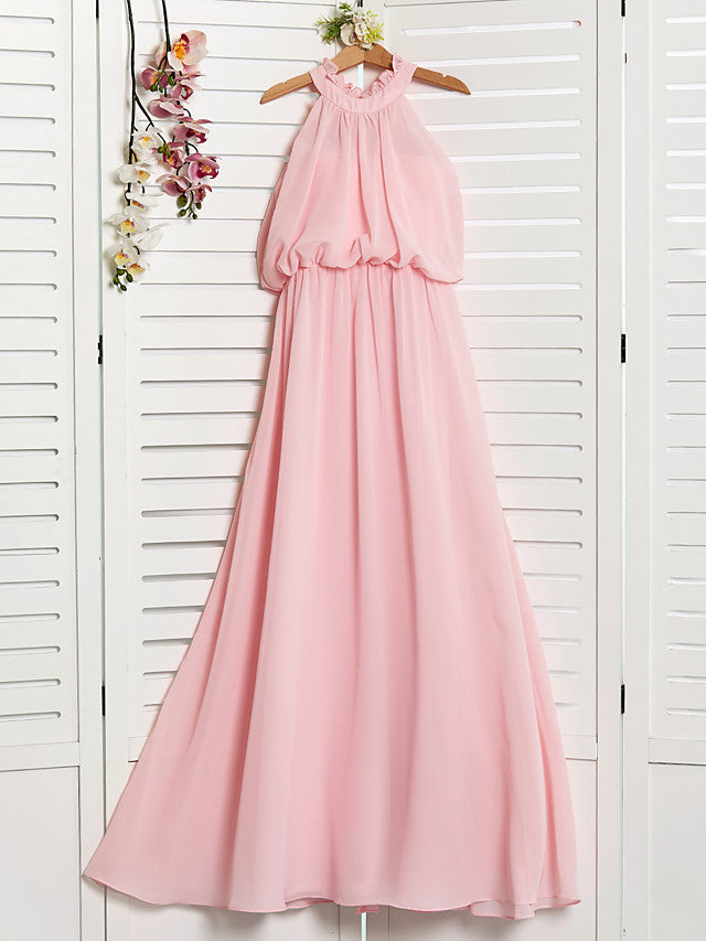 Oknass A-Line High Neck Floor Length Chiffon Junior Flower Girl Dress With Ruffles Ruching