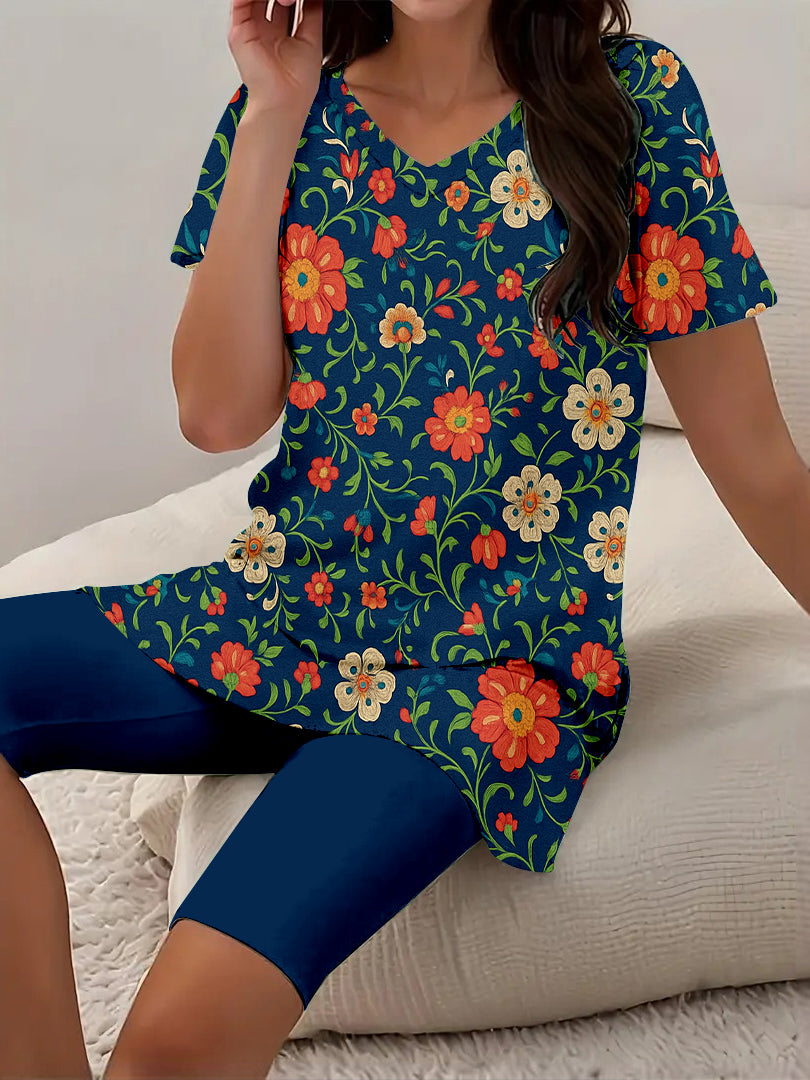 Women Long Sleeve V-neck Graphic Floral Printed Top