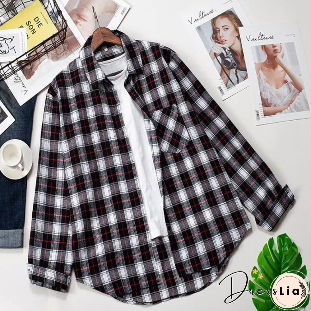 Plaid Shirts Womens Blouses Long Sleeve Lady Checked Tops Loose Female Outwear Casual