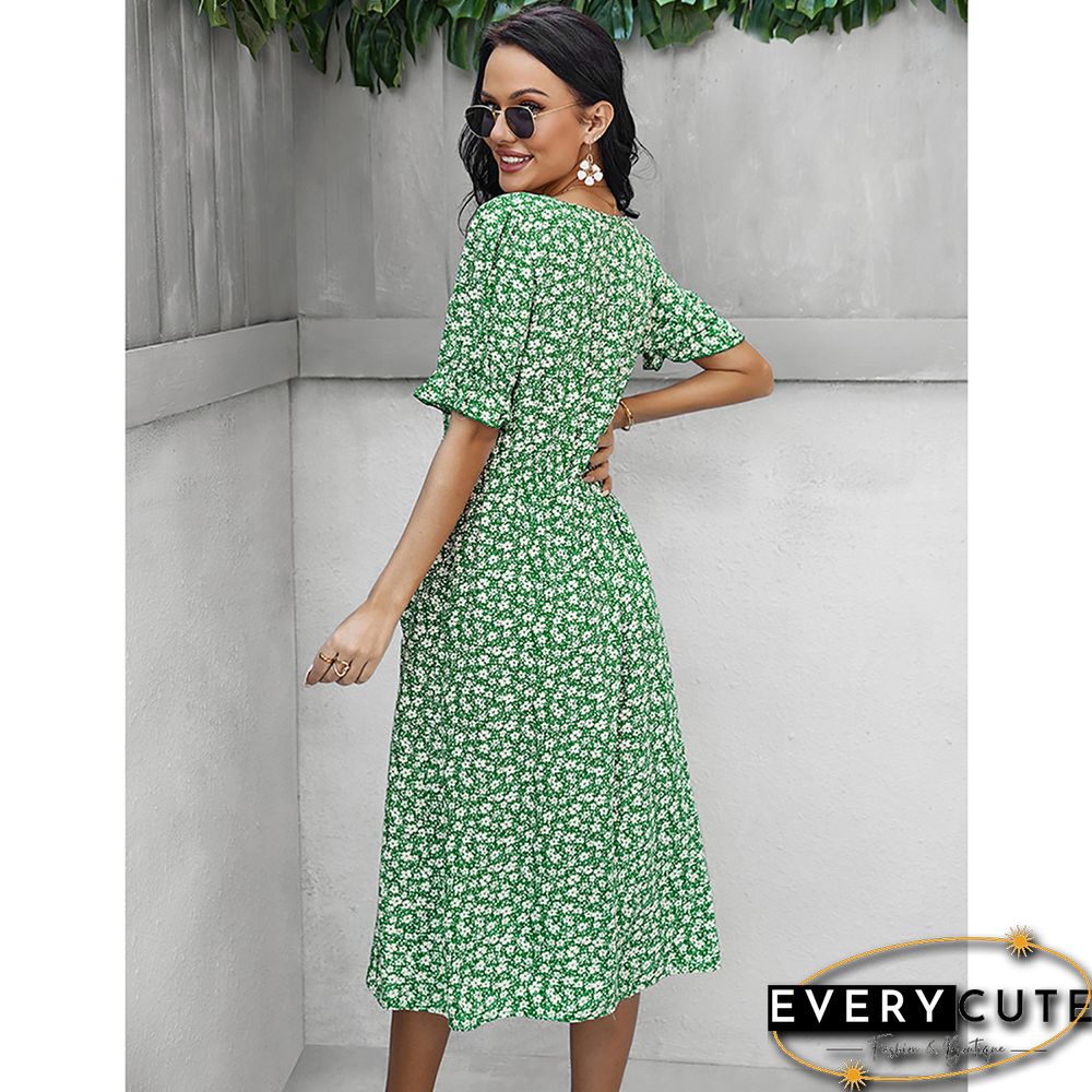 Green Button Down V Neck Pocketed Floral Dress