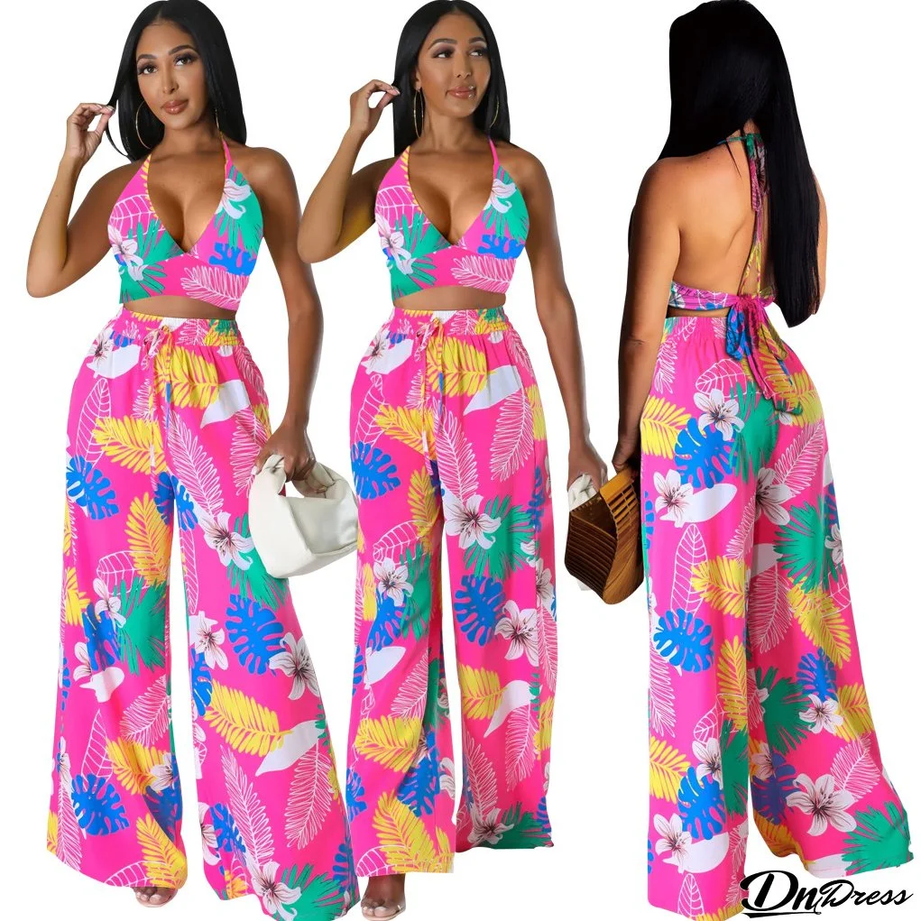 Women Sexy Printed Suspender Lace-Up Top and Pant Two-piece Set