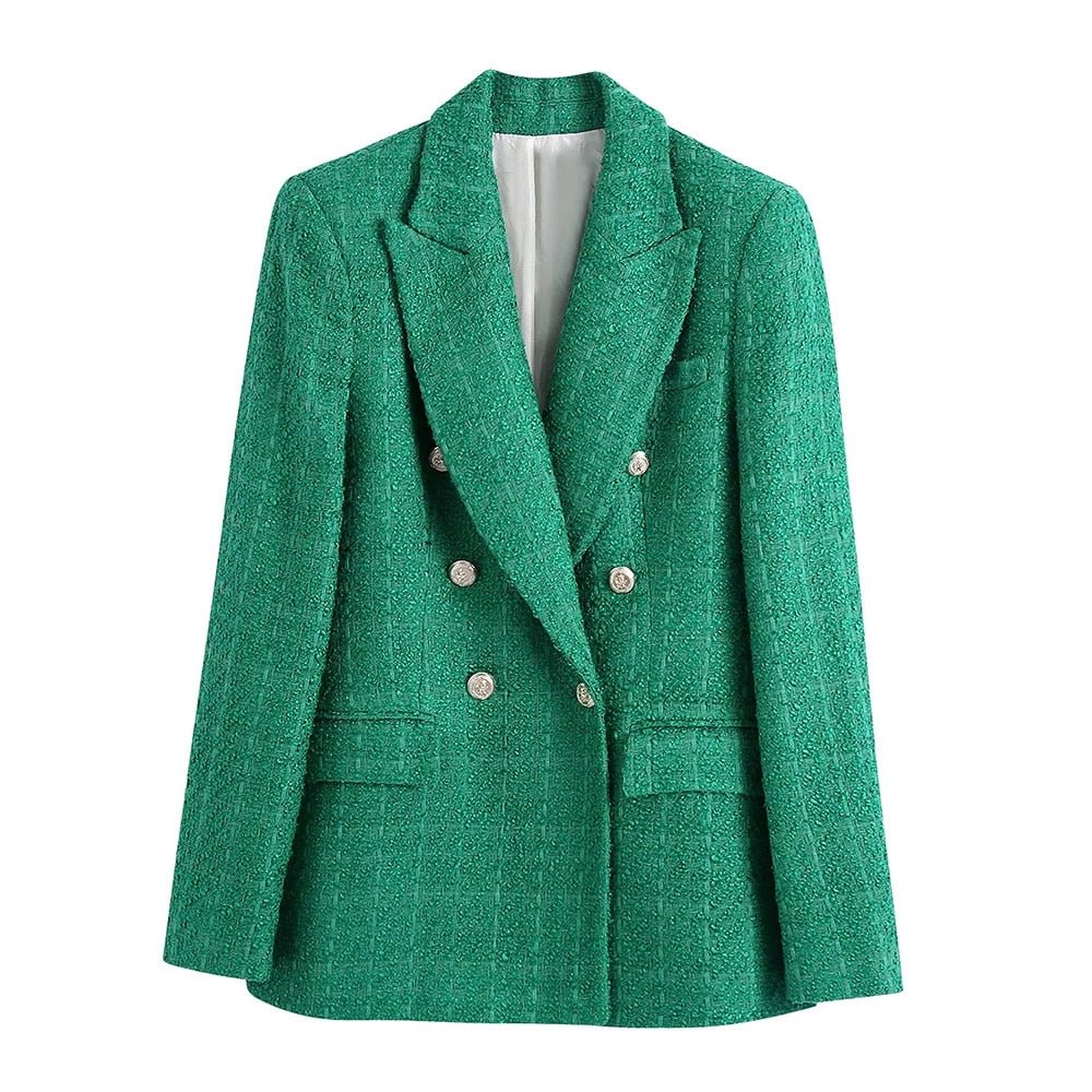 TRAF Women Fashion Double Breasted Tweed Green Blazer Coat Vintage Long Sleeve Flap Pockets Female Outerwear Chic Veste